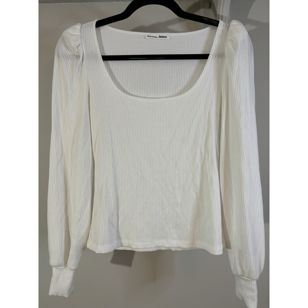 REFORMATION Frances White Ribbed Scoop Neck Puff Sleeve Top S